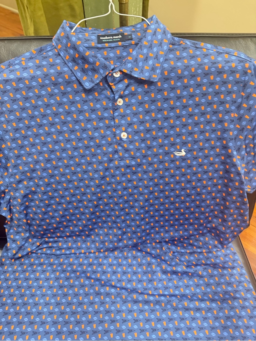 Southern Marsh Navy Polo with Orange and Light Blue Micro Print